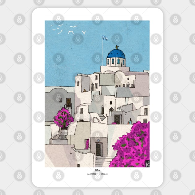 Oia Santorini Greece Whimsical Illustration Sticker by Wall-Art-Sketch